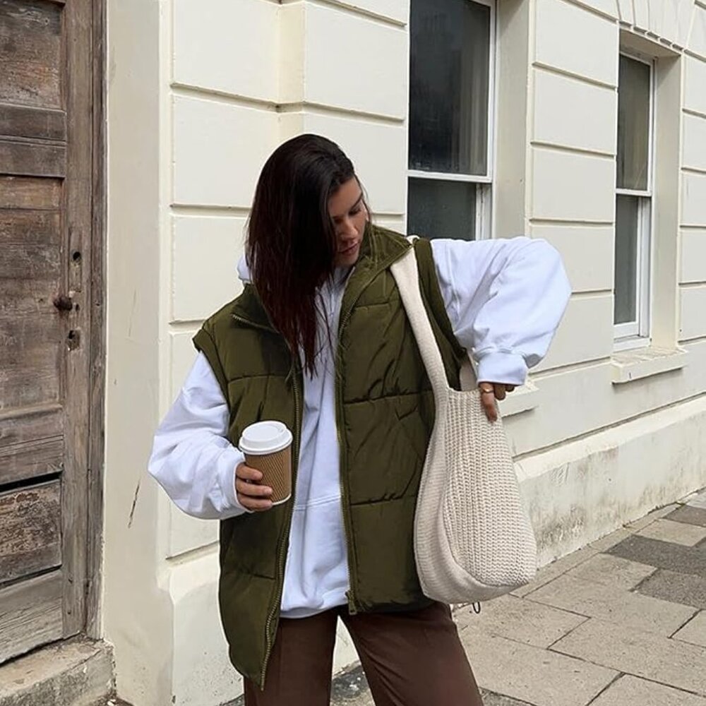 Women’s Oversized Puffer Vest | Size L | Olive Green